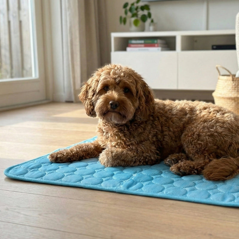 Perro descansando sobre la alfombrilla refrescante