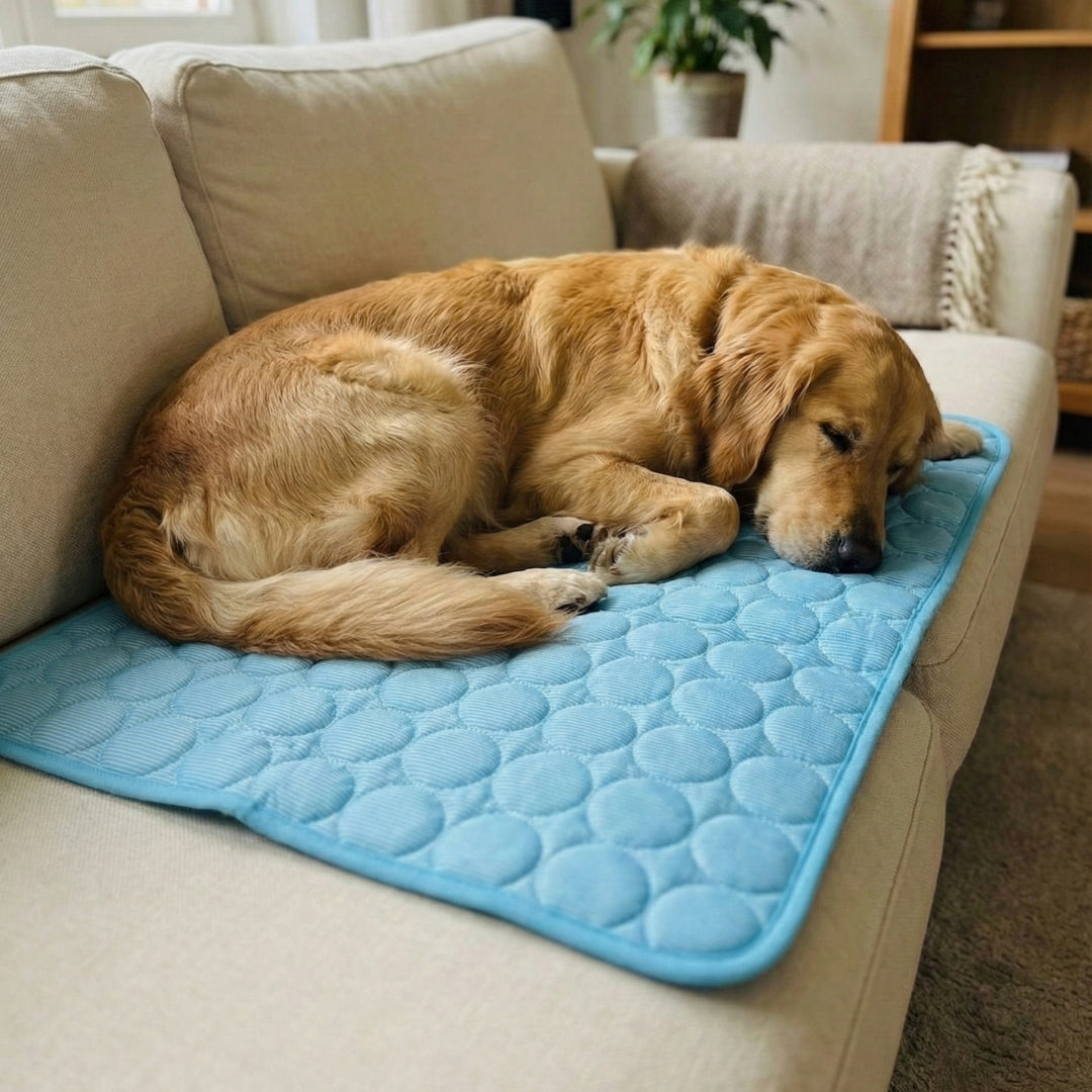 Perro descansando sobre la alfombrilla refrescante