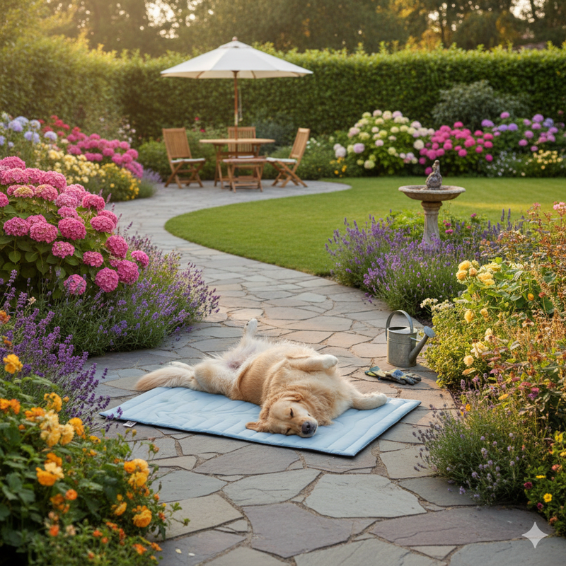 Perro descansando sobre la alfombrilla refrescante